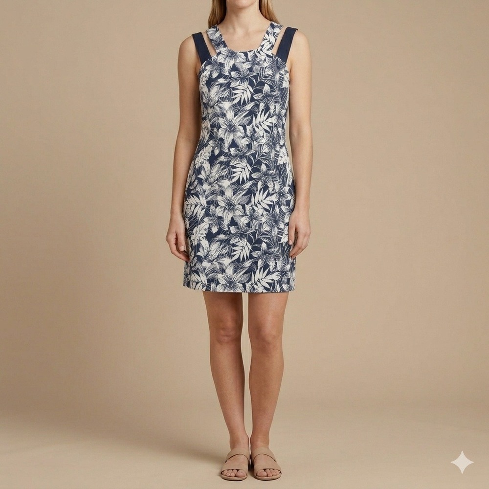 Lori Michaels Collection Navy White Tropical Floral Cold Shoulder Dress Size M